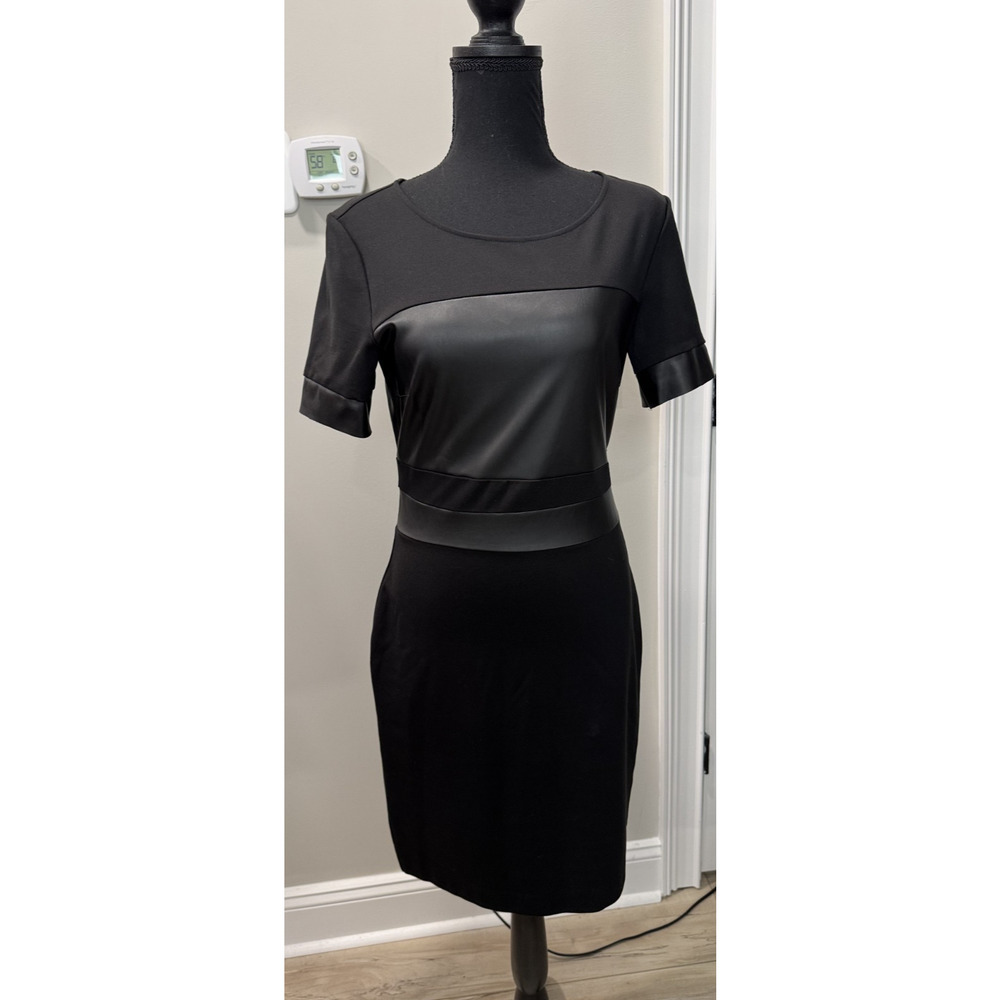 Kenneth Cole NY Sheath Dress Faux Leather Accents Career Bodycon Black Size 4